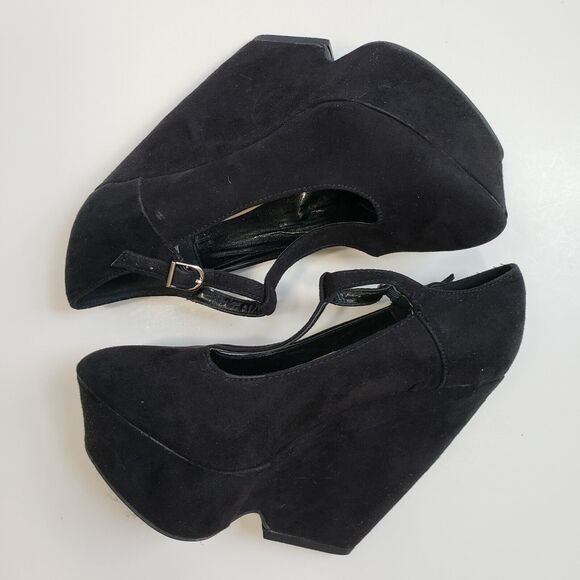 Breckelle's Shoes Women 5.5 Black Suede Wedge Ankle Platform T-Strap 5.5" Heel - Picture 3 of 12